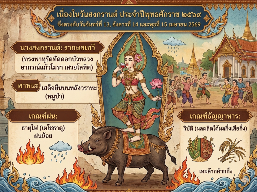 เนื่องในวันสงกรานต์ ประจำปีพุทธศักราช 2569 ซึ่งตรงกับวันจันทร์ที่ 13, อังคารที่ 14 และพุธที่ 15 เมษายน 2569